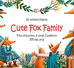 69张高清背景透明的北欧风水彩狐狸/树叶/草莓/花朵PNG图片：Cute Fox Family - Cli